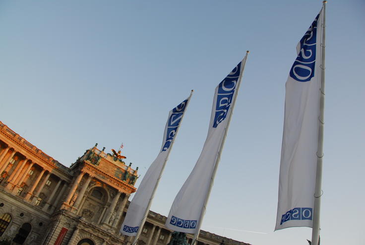 White flags with blue text against a clear sky near a historic building at sunset.