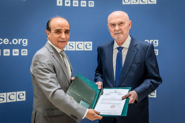 H.E. Mr. Rachid Bladehane, Ambassador and Permanent Representative of Algeria, OSCE Partner for Co-operation, with the OSCE Secretary General Feridun H. Sinirlioğlu, Vienna, 6 July 2026