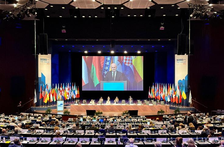 A large conference hall with a speaker at a podium, international flags, and attendees seated.