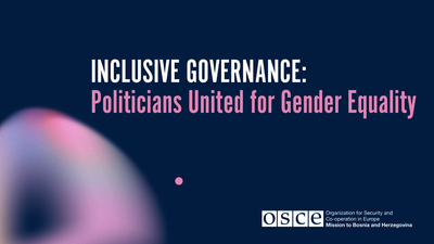 Inclusive governance conference banner with OSCE logo, dark blue background.