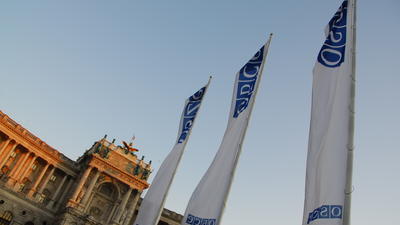 White flags with blue text against a clear sky near a historic building at sunset.