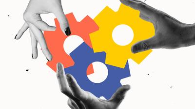 Three hands hold colorful, interlocking gears representing collaboration.