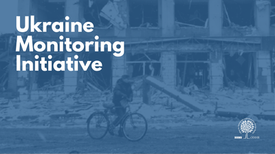 Man on bicycle in front of damaged building, blue overlay. Text reads: Ukraine Monitoring Initiative. Logos on the bottom right.