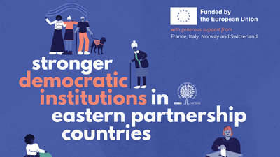 Graphic with diverse people engaged in activities, text highlights strong democratic institutions in Eastern Partnership.