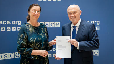 H.E. Sabine Stöhr, Ambassador and Permanent Representative of Germany to the OSCE, with the OSCE Secretary General Feridun H. Sinirlioğlu, Vienna, 6 July 2026