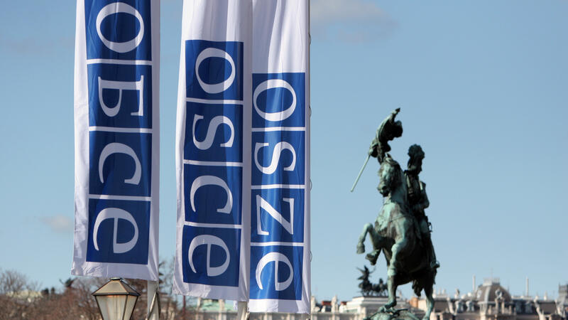 Flags with the OSCE logo wave in the wind, with an equestrian statue and historic buildings in the background.