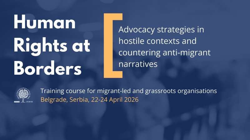 Human Rights at Borders training course details on a blue background with blurred silhouettes.