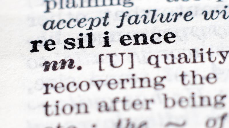 Dictionary close-up of the word "resilience," with pronunciation and part of speech.