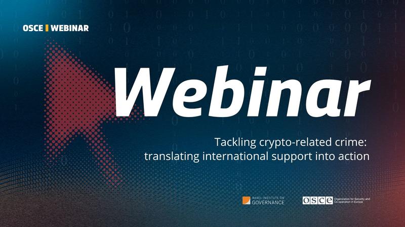 Webinar graphic with a large red cursor and text on tackling crypto-related crime.