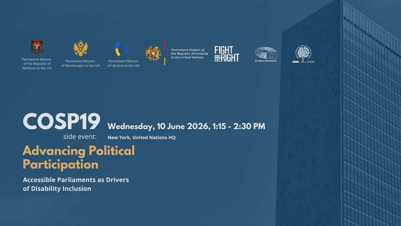 Blue event flyer with logos, text about COSP19, focusing on political participation and disability inclusion, overlaid on a building.