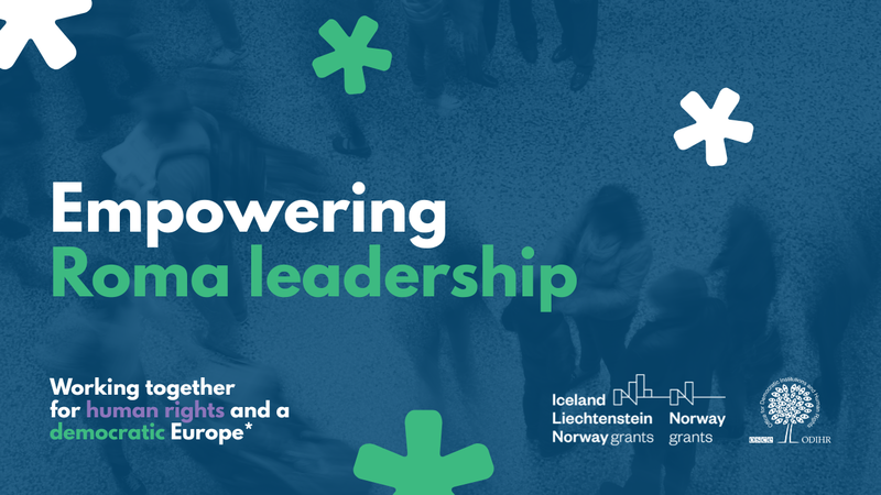 Blue graphic with "Empowering Roma leadership" text and decorative green and white symbols.