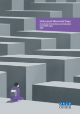 A person sitting alone among large, gray geometric blocks, with a purple booklet and a logo in the corner.