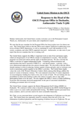 Statement by the Delegation of the United States of America in response to the report of the Head of the OSCE Programme Office in Dushanbe, Ambassador Tuula Yrjölä