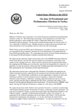 Statement by the Delegation of the United States of America on early presidential and parliamentary elections in Turkey, held on 24 June 2018