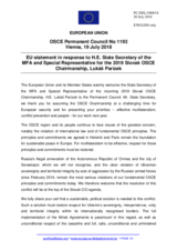 Statement by the Austrian EU Presidency in response to the address by the State Secretary and Special Representative of the Minister of Foreign and European Affairs of the Slovak Republic for the Slovak 2019 OSCE Chairmanship, Mr. Lukáš Parízek