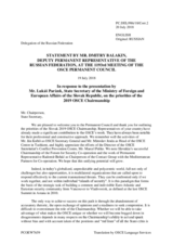 Statement by the Delegation of the Russian Federation in response to the address by the State Secretary and SR of the Minister of Foreign and European Affairs of the Slovak Republic for the Slovak 2019 OSCE Chairmanship, Mr. Lukáš Parízek