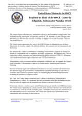 Statement by the Delegation of the United States of America in response to the report by the Head of the OSCE Centre in Ashgabat, Ambassador Natalya Drozd