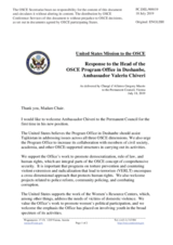 Statement by the Delegation of the United States of America in response to the report of the Head of the OSCE Programme Office in Dushanbe, Ambassador Valeriu Chiveri