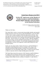 Statement by the Delegation of the United States of America on the 10th anniversary of the murder of Ms. N. Estemirova, human rights defender and journalist in the Chechen Republic of the Russian Federation