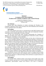 Statement by the Delegation of Ukraine in response to the address by the President of the Committee of Ministers of the Council of Europe, H.E. Mr. David Zalkaliani