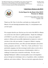 Statement by the Delegation of the United States of America in response to the report by the Head of the OSCE Presence in Albania, Ambassador Vincenzo Del Monaco