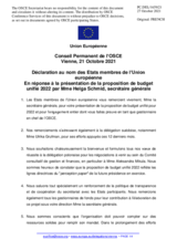 Déclaration au nom des Etats membres de l’Union européenne En réponse à la présentation de la proposition de budget unifié 2022 par Mme Helga Schmid, secrétaire générale