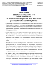 Statement by the Slovenian EU Presidency on the award of the Nobel Peace Prize for 2021 to the journalists Maria Ressa and Dmitry Muratov