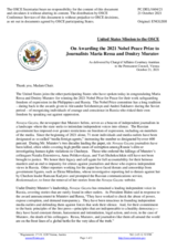 Statement by the Delegation of the United States of America on the award of the Nobel Peace Prize for 2021 to the journalists Maria Ressa and Dmitry Muratov
