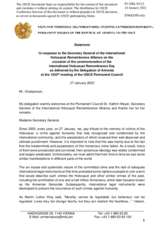 Statement by the Delegation of Armenia in response to the address by Dr. Kathrin Meyer, Secretary General of the International Holocaust Remembrance Alliance, on the Occasion of the Commemoration of International Holocaust Remembrance Day