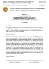 Statement by the Delegation of Armenia in response to the address by the President of the OSCE Parliamentary Assembly, H.E. Ms. Margareta Cederfelt