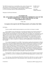 Statement by the Delegation of the Russian Federation in response to the report by the OSCE Representative on Freedom of the Media, Ms. Teresa Ribeiro
