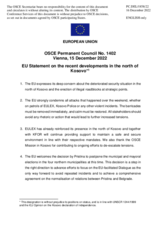 Statement by the Czech EU Presidency on recent developments in the north of Kosovo