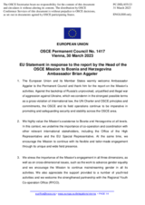 Statement by the Swedish EU Presidency in response to the report by the Head of the OSCE Mission to Bosnia and Herzegovina, Ambassador Brian Aggeler