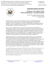Statement by the Delegation of the United States of America in response to the address by the President of the OSCE Parliamentary Assembly, Ms. Margareta Cederfelt