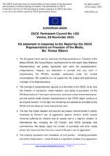 Statement by the Spanish EU Presidency in response to the report by the OSCE Representative on Freedom of the Media, Ms. Teresa Ribeiro