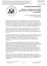 Statement by the Delegation of the United States of America in response to the report by the OSCE Representative on Freedom of the Media, Ms. Teresa Ribeiro