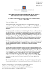 Statement by the Delegation of Norway in response to the report by the Head of the OSCE Mission to Bosnia and Herzegovina, Ambassador Brian Aggeler
