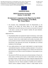 Statement by the Belgian EU Presidency in response to the report by the OSCE Representative on Freedom of the Media, Ms. Teresa Ribeiro