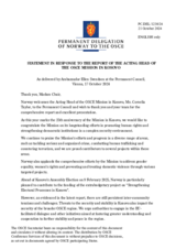 Statement by the Delegation of Norway in response to the report by the Acting Head of the OSCE Mission in Kosovo, Ms.Cornelia Taylor