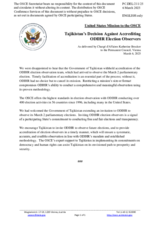 Statement by the Delegation of the United States of America on the election of the members of the Majlisi Namoyandagon (Lower Chamber of Parliament) of Tajikistan