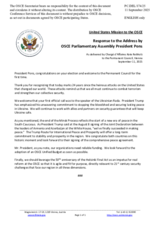 Statement by the Delegation of the United States of America in response to the address by the President of the OSCE Parliamentary Assembly, H.E. Mr. Pere Joan Pons Sampietro