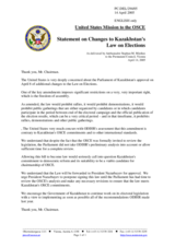 Statement by the Delegation of the United States of America on Changes to Kazakhstan's Law on Elections