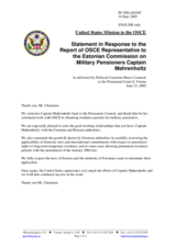 Statement by the Delegation of the United States of America in response to the Report of OSCE Representative to the Estonian Commission on Military Pensioners Captain Mahrenholtz