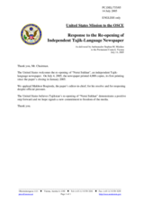 Statement by the Delegation of the United States of America in response to the Re-opening of Independent Tajik-Language Newspaper