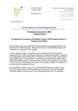 Statement by the Delegation of Ireland/European Union on welcoming the new OSCE Representative on Freedom of the Media, Mr. Miklos Haraszti