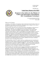 Statement by the Delegation of the United States in Response to the Address by the Minister of Culture and Information of Kazakhstan, His Excellency Yermukhamet Yertysbayev