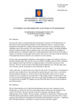 Statement by the Delegation of Norway on parliamentary elections in the former Yugoslav Republic of Macedonia