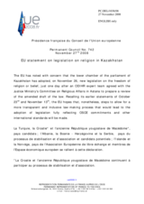 Statement by the French Presidency of the Council of the European Union on legislation on religion in Kazakhstan