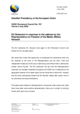 Statement by the Swedish Presidency of the Council of the European Union in response to the report by the OSCE Representative on Freedom of the Media, Miklos Haraszti
