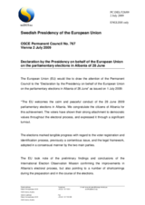 Statement by the Swedish Presidency of the Council of the European Union on the parliamentary elections in Albania